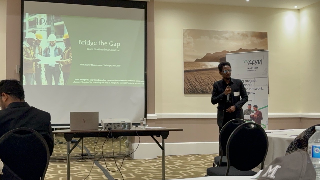 Kufre Antia presenting Bridge the Gap at the APM Project Management Challenge regional final