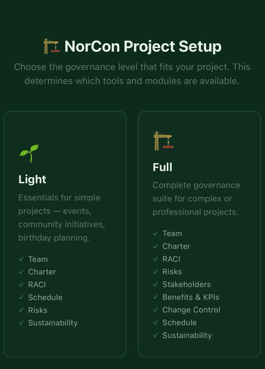 NorCon project setup screen showing Light and Full governance levels