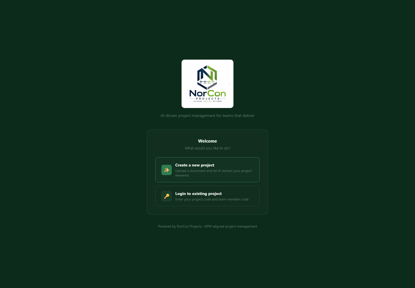 Current NorCon Projects welcome screen offering options to create a new project or log in to an existing project