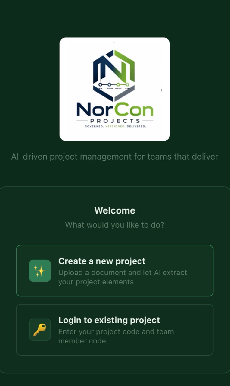NorCon Projects welcome screen with options to create a new project or enter an existing project