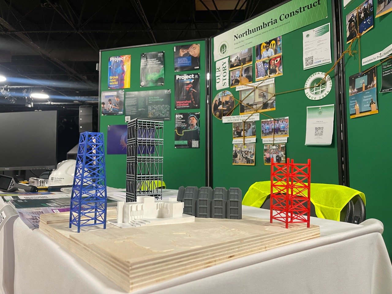 Construction models and professional membership resources displayed on the Northumbria Construct stand